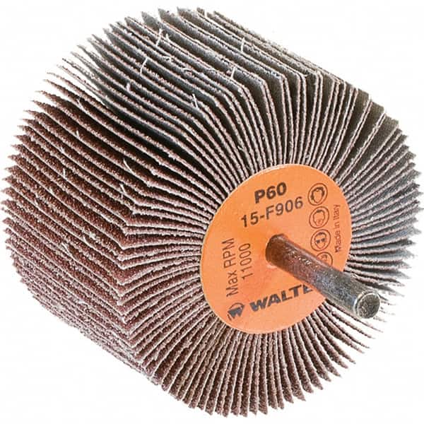 WALTER Surface Technologies - 3" Diam x 2" Face Width, Medium Aluminum Oxide Coated Mounted Flap Wheel - 1/4" Shank Mount, 60 Grit, Cloth Backing, 11,000 Max RPM - Exact Tooling