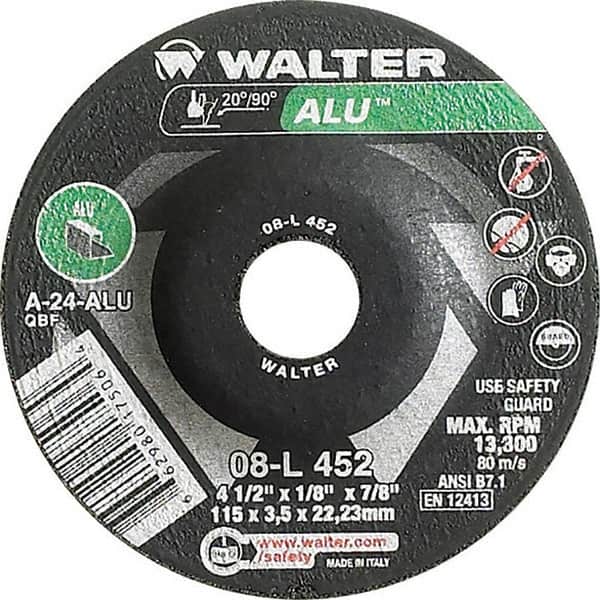 WALTER Surface Technologies - 24 Grit, 4-1/2" Wheel Diam, 1/8" Wheel Thickness, 7/8" Arbor Hole, Type 27 Depressed Center Wheel - Aluminum Oxide, Resinoid Bond, 13,300 Max RPM - Exact Tooling
