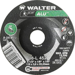 WALTER Surface Technologies - 24 Grit, 4-1/2" Wheel Diam, 1/8" Wheel Thickness, 7/8" Arbor Hole, Type 27 Depressed Center Wheel - Aluminum Oxide, Resinoid Bond, 13,300 Max RPM - Exact Tooling
