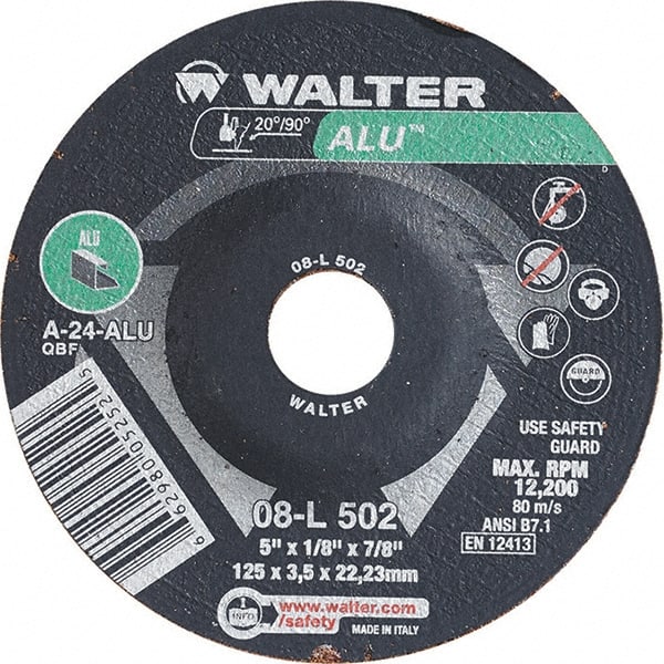 WALTER Surface Technologies - 24 Grit, 5" Wheel Diam, 1/8" Wheel Thickness, 7/8" Arbor Hole, Type 27 Depressed Center Wheel - Aluminum Oxide, Resinoid Bond, 12,200 Max RPM - Exact Tooling