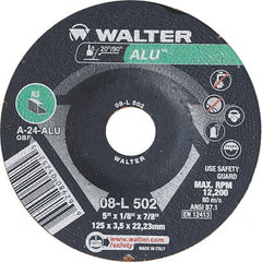 WALTER Surface Technologies - 24 Grit, 5" Wheel Diam, 1/8" Wheel Thickness, 7/8" Arbor Hole, Type 27 Depressed Center Wheel - Aluminum Oxide, Resinoid Bond, 12,200 Max RPM - Exact Tooling