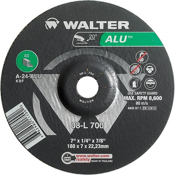 WALTER Surface Technologies - 24 Grit, 7" Wheel Diam, 1/4" Wheel Thickness, 7/8" Arbor Hole, Type 27 Depressed Center Wheel - Aluminum Oxide, Resinoid Bond, 8,600 Max RPM - Exact Tooling
