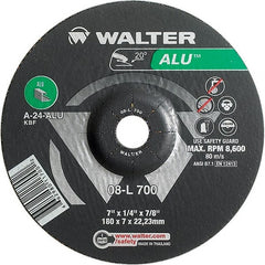 WALTER Surface Technologies - 24 Grit, 7" Wheel Diam, 1/4" Wheel Thickness, 7/8" Arbor Hole, Type 27 Depressed Center Wheel - Aluminum Oxide, Resinoid Bond, 8,600 Max RPM - Exact Tooling