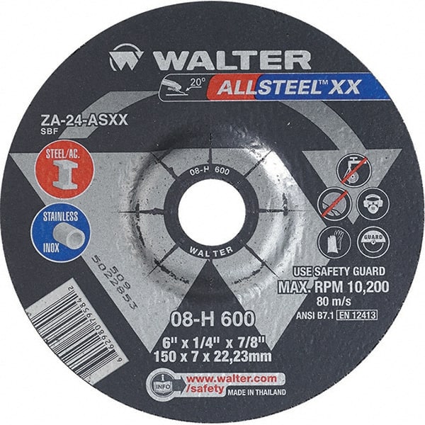 WALTER Surface Technologies - 24 Grit, 6" Wheel Diam, 1/4" Wheel Thickness, 7/8" Arbor Hole, Type 27 Depressed Center Wheel - Aluminum Oxide, Resinoid Bond, 10,200 Max RPM - Exact Tooling