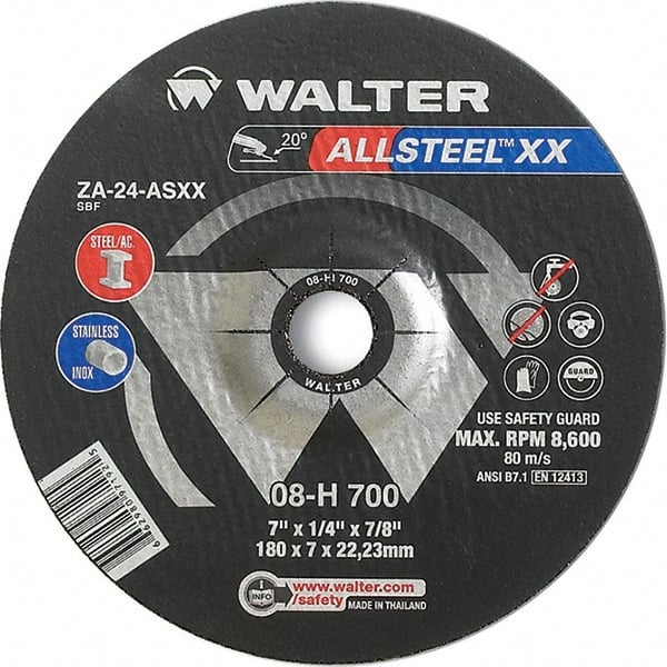 WALTER Surface Technologies - 24 Grit, 7" Wheel Diam, 1/8" Wheel Thickness, 7/8" Arbor Hole, Type 27 Depressed Center Wheel - Aluminum Oxide, Resinoid Bond, 8,600 Max RPM - Exact Tooling