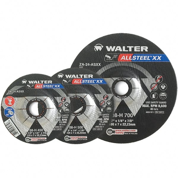 WALTER Surface Technologies - 24 Grit, 9" Wheel Diam, 1/4" Wheel Thickness, Type 27 Depressed Center Wheel - Aluminum Oxide, Resinoid Bond, 6,600 Max RPM - Exact Tooling