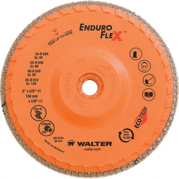 WALTER Surface Technologies - 80 Grit, 6" Disc Diam, 5/8-11 Center Hole, Type 28 Ceramic Flap Disc - 10,200 Max RPM, Plastic Backing, Arbor Attaching System, Coated - Exact Tooling