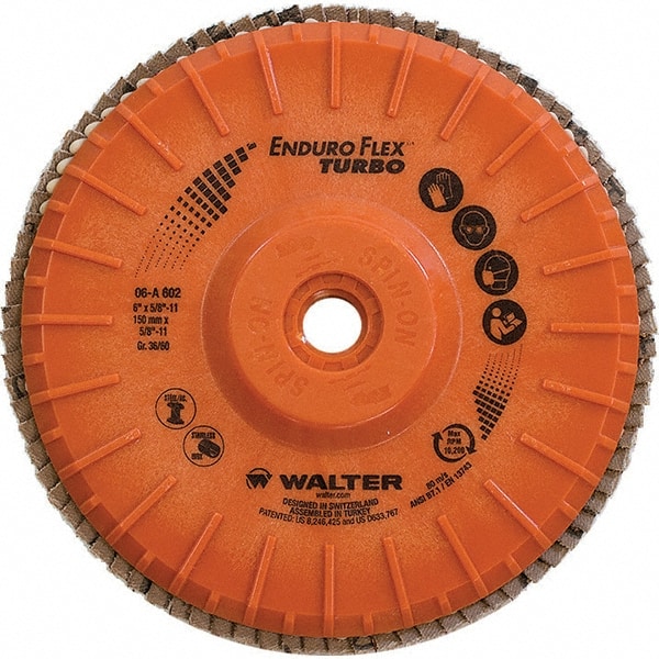 WALTER Surface Technologies - 36 & 60 Grit, 6" Disc Diam, 5/8-11 Center Hole, Type 28 Ceramic Flap Disc - 10,200 Max RPM, Plastic Backing, Arbor Attaching System, Coated - Exact Tooling