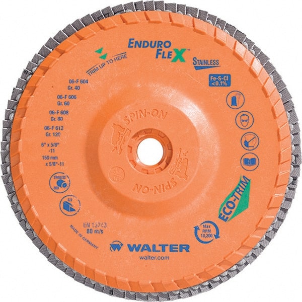 WALTER Surface Technologies - 40 Grit, 6" Disc Diam, 5/8-11 Center Hole, Type 28 Ceramic Flap Disc - 10,200 Max RPM, Plastic Backing, Arbor Attaching System, Coated - Exact Tooling