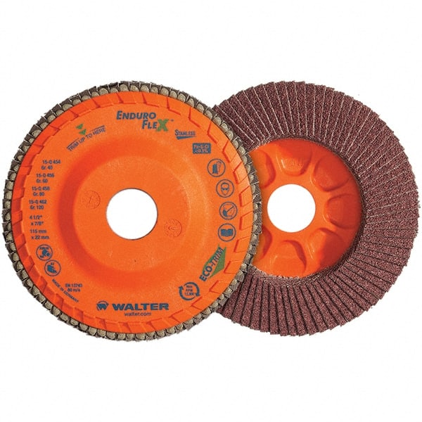 WALTER Surface Technologies - 120 Grit, 6" Disc Diam, 5/8-11 Center Hole, Type 28 Ceramic Flap Disc - 10,200 Max RPM, Plastic Backing, Arbor Attaching System, Coated - Exact Tooling