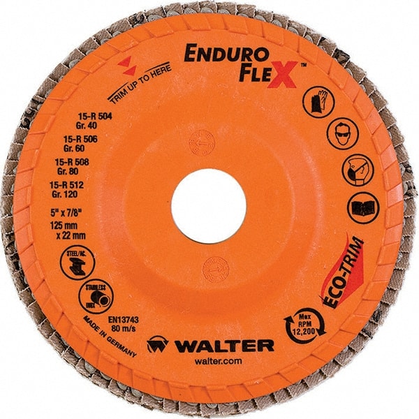 WALTER Surface Technologies - 80 Grit, 5" Disc Diam, 7/8" Center Hole, Type 28 Ceramic Flap Disc - 12,200 Max RPM, Plastic Backing, Arbor Attaching System, Coated - Exact Tooling