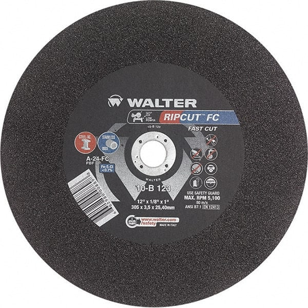 WALTER Surface Technologies - 12" 24 Grit Aluminum Oxide Cutoff Wheel - 1/8" Thick, 1" Arbor, 5,100 Max RPM, Use with Stationary Tools - Exact Tooling