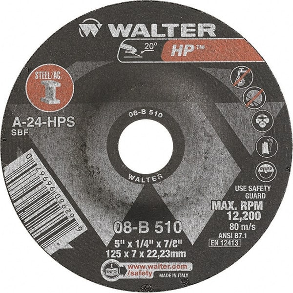 WALTER Surface Technologies - 24 Grit, 5" Wheel Diam, 1/4" Wheel Thickness, 7/8" Arbor Hole, Type 27 Depressed Center Wheel - Aluminum Oxide, Resinoid Bond, 12,200 Max RPM - Exact Tooling