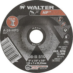 WALTER Surface Technologies - 24 Grit, 5" Wheel Diam, 1/4" Wheel Thickness, 7/8" Arbor Hole, Type 27 Depressed Center Wheel - Aluminum Oxide, Resinoid Bond, 12,200 Max RPM - Exact Tooling