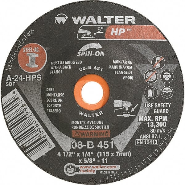 WALTER Surface Technologies - 24 Grit, 4-1/2" Wheel Diam, 1/4" Wheel Thickness, Type 28 Depressed Center Wheel - Aluminum Oxide, Resinoid Bond, 13,300 Max RPM - Exact Tooling
