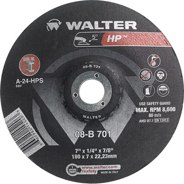 WALTER Surface Technologies - 24 Grit, 7" Wheel Diam, 1/4" Wheel Thickness, 7/8" Arbor Hole, Type 28 Depressed Center Wheel - Aluminum Oxide, Resinoid Bond, 8,600 Max RPM - Exact Tooling