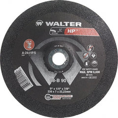 WALTER Surface Technologies - 24 Grit, 9" Wheel Diam, 1/4" Wheel Thickness, 7/8" Arbor Hole, Type 28 Depressed Center Wheel - Aluminum Oxide, Resinoid Bond, 6,600 Max RPM - Exact Tooling