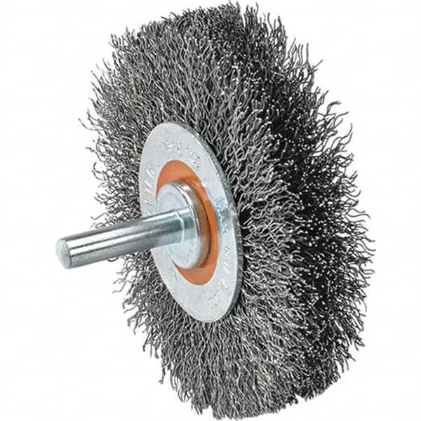 WALTER Surface Technologies - 1-3/8" OD, 1/4" Shank Diam, Crimped Stainless Steel Wheel Brush - 1/4" Face Width, 0.008" Filament Diam, 25,000 RPM - Exact Tooling