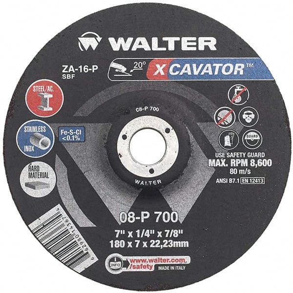 WALTER Surface Technologies - 16 Grit, 7" Wheel Diam, 1/4" Wheel Thickness, Type 27 Depressed Center Wheel - Aluminum Oxide, Resinoid Bond, 8,600 Max RPM - Exact Tooling