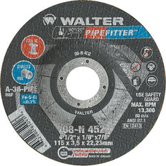 WALTER Surface Technologies - 36 Grit, 4-1/2" Wheel Diam, 1/8" Wheel Thickness, 7/8" Arbor Hole, Type 27 Depressed Center Wheel - Aluminum Oxide/Silicon Carbide Blend, Resinoid Bond, 13,300 Max RPM, Compatible with Angle Grinder - Exact Tooling