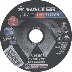 WALTER Surface Technologies - 36 Grit, 5" Wheel Diam, 3/32" Wheel Thickness, 7/8" Arbor Hole, Type 27 Depressed Center Wheel - Aluminum Oxide/Silicon Carbide Blend, Resinoid Bond, 12,200 Max RPM - Exact Tooling