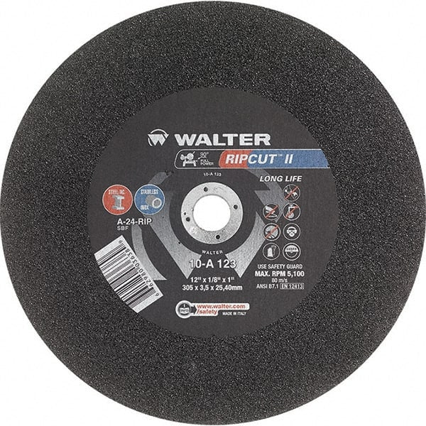 WALTER Surface Technologies - 12" 24 Grit Aluminum Oxide Cutoff Wheel - 1/8" Thick, 1" Arbor, 5,100 Max RPM, Use with Stationary Tools - Exact Tooling