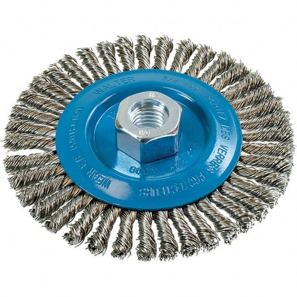 WALTER Surface Technologies - 5" OD, 5/8-11 Arbor Hole, Stringer Bead Stainless Steel Wheel Brush - 1/4" Face Width, 0.02" Filament Diam, 15,000 RPM - Exact Tooling
