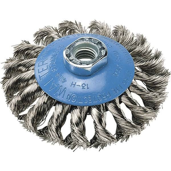 WALTER Surface Technologies - 5" Diam, 5/8-11 Threaded Arbor, Stainless Steel Fill Cup Brush - 0.02 Wire Diam, 15,000 Max RPM - Exact Tooling