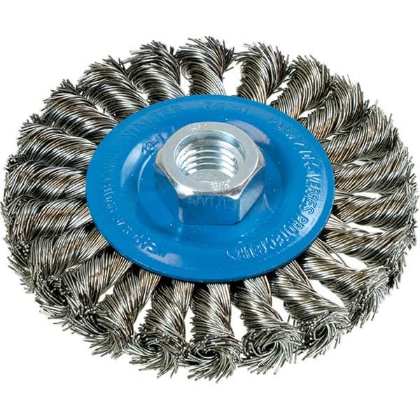 WALTER Surface Technologies - 4" OD, 5/8-11 Arbor Hole, Knotted Stainless Steel Wheel Brush - 3/8" Face Width, 0.02" Filament Diam, 20,000 RPM - Exact Tooling