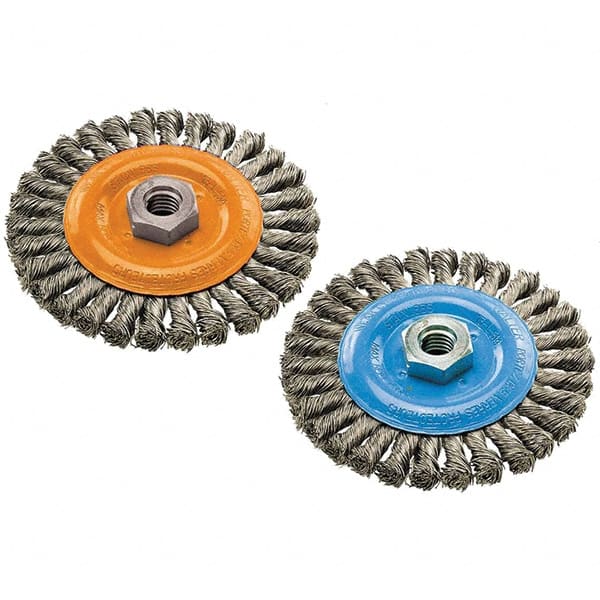 WALTER Surface Technologies - 6" OD, 5/8-11 Arbor Hole, Knotted Stainless Steel Wheel Brush - 3/8" Face Width, 0.02" Filament Diam, 10,000 RPM - Exact Tooling