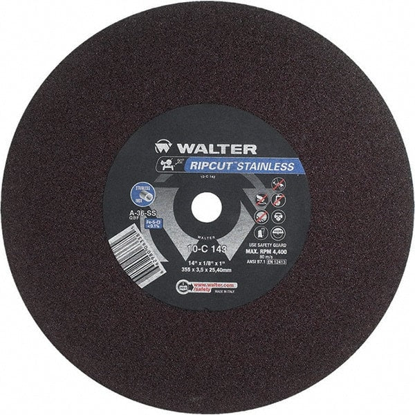 WALTER Surface Technologies - 14" 36 Grit Aluminum Oxide Cutoff Wheel - 1/8" Thick, 1" Arbor, 4,400 Max RPM, Use with Stationary Tools - Exact Tooling
