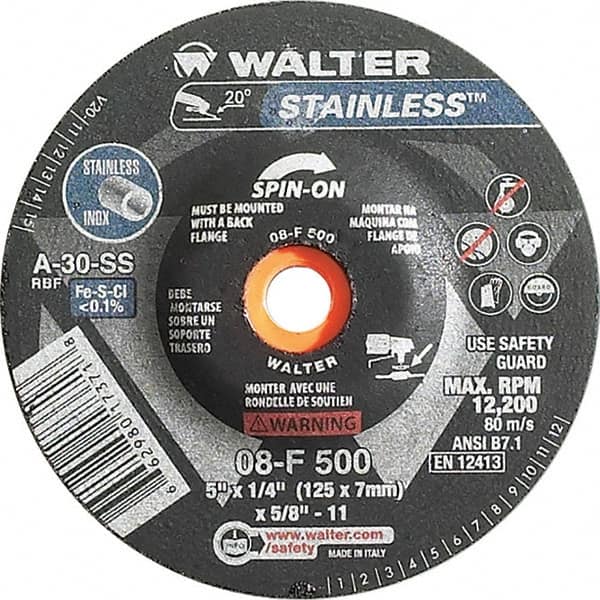 WALTER Surface Technologies - 30 Grit, 5" Wheel Diam, 1/4" Wheel Thickness, Type 27 Depressed Center Wheel - Aluminum Oxide, Resinoid Bond, 12,200 Max RPM - Exact Tooling