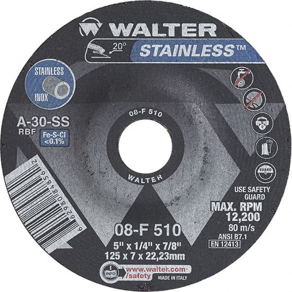 WALTER Surface Technologies - 30 Grit, 5" Wheel Diam, 1/4" Wheel Thickness, 7/8" Arbor Hole, Type 27 Depressed Center Wheel - Aluminum Oxide, Resinoid Bond, 12,200 Max RPM - Exact Tooling