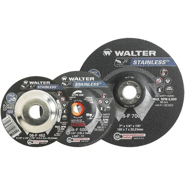 WALTER Surface Technologies - 30 Grit, 6" Wheel Diam, 1/8" Wheel Thickness, 7/8" Arbor Hole, Type 27 Depressed Center Wheel - Aluminum Oxide, Resinoid Bond, 10,200 Max RPM - Exact Tooling