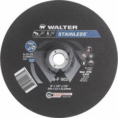 WALTER Surface Technologies - 30 Grit, 9" Wheel Diam, 1/8" Wheel Thickness, 7/8" Arbor Hole, Type 27 Depressed Center Wheel - Aluminum Oxide, Resinoid Bond, 6,600 Max RPM - Exact Tooling