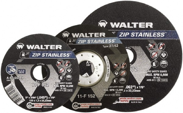 WALTER Surface Technologies - 9" 46 Grit Aluminum Oxide/Silicon Carbide Blend Cutoff Wheel - 5/64" Thick, 7/8" Arbor, 6,600 Max RPM, Use with Angle Grinders - Exact Tooling
