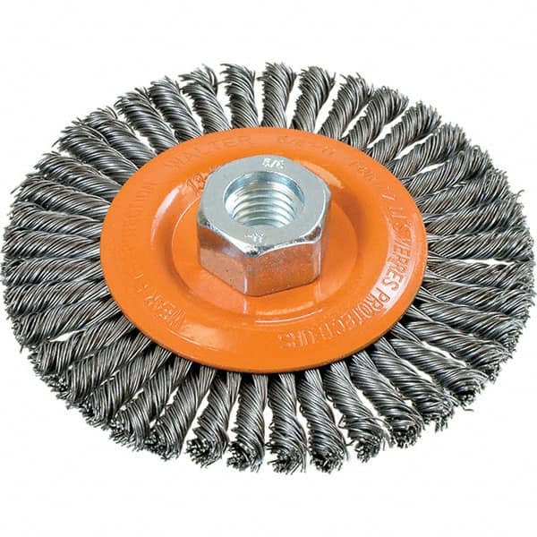 WALTER Surface Technologies - 4-1/2" OD, 5/8-11 Arbor Hole, Stringer Bead Steel Wheel Brush - 3/16" Face Width, 0.02" Filament Diam, 15,000 RPM - Exact Tooling