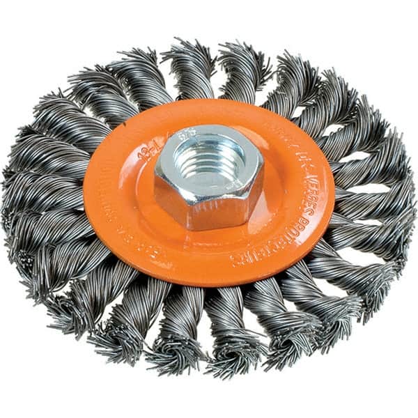 WALTER Surface Technologies - 4" OD, 5/8-11 Arbor Hole, Knotted Steel Wheel Brush - 3/8" Face Width, 0.02" Filament Diam, 20,000 RPM - Exact Tooling