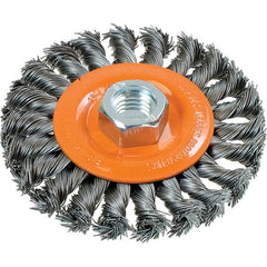 WALTER Surface Technologies - 4" OD, 5/8-11 Arbor Hole, Knotted Steel Wheel Brush - 3/8" Face Width, 0.02" Filament Diam, 20,000 RPM - Exact Tooling
