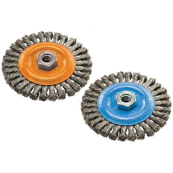 WALTER Surface Technologies - 6" OD, 5/8-11 Arbor Hole, Knotted Steel Wheel Brush - 3/8" Face Width, 0.02" Filament Diam, 10,000 RPM - Exact Tooling