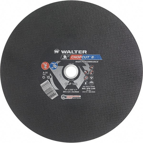 WALTER Surface Technologies - 14" 30 Grit Aluminum Oxide Cutoff Wheel - 3/32" Thick, 1" Arbor, 4,400 Max RPM, Use with Chop Saws - Exact Tooling