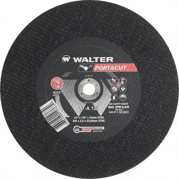 WALTER Surface Technologies - 12" 24 Grit Aluminum Oxide Cutoff Wheel - 1/8" Thick, 20mm Arbor, 6,300 Max RPM, Use with Electric & Gas Powered Saws - Exact Tooling