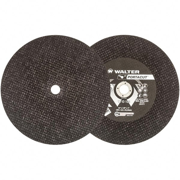 WALTER Surface Technologies - 12" 24 Grit Aluminum Oxide Cutoff Wheel - 1/8" Thick, 1" Arbor, 6,300 Max RPM, Use with Electric & Gas Powered Saws - Exact Tooling