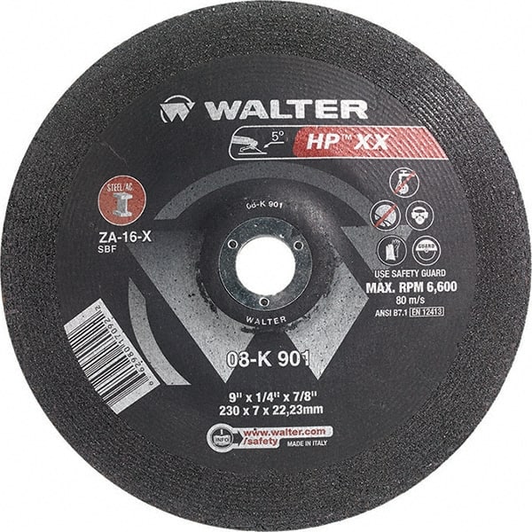 WALTER Surface Technologies - 16 Grit, 9" Wheel Diam, 1/4" Wheel Thickness, 7/8" Arbor Hole, Type 28 Depressed Center Wheel - Aluminum Oxide, Resinoid Bond, 6,600 Max RPM - Exact Tooling