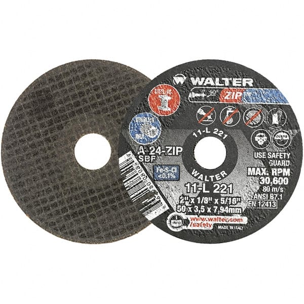 WALTER Surface Technologies - 2" 24 Grit Aluminum Oxide Cutoff Wheel - 1/8" Thick, 5/16" Arbor, 31,000 Max RPM, Use with Die Grinders - Exact Tooling