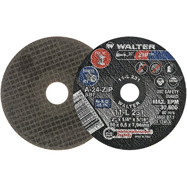 WALTER Surface Technologies - 2" 24 Grit Aluminum Oxide Cutoff Wheel - 1/4" Thick, 5/16" Arbor, 31,000 Max RPM, Use with Die Grinders - Exact Tooling