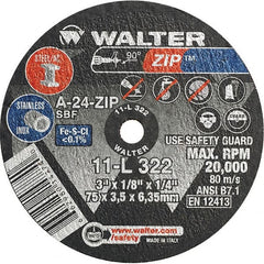 WALTER Surface Technologies - 3" 24 Grit Aluminum Oxide Cutoff Wheel - 1/8" Thick, 1/4" Arbor, 25,470 Max RPM, Use with Die Grinders - Exact Tooling
