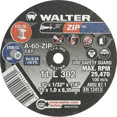 WALTER Surface Technologies - 3" 60 Grit Aluminum Oxide Cutoff Wheel - 1/32" Thick, 1/4" Arbor, 25,470 Max RPM, Use with Die Grinders - Exact Tooling