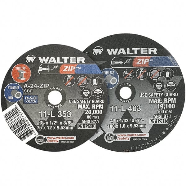 WALTER Surface Technologies - 3" 24 Grit Aluminum Oxide Cutoff Wheel - 1/8" Thick, 3/8" Arbor, 25,470 Max RPM, Use with Die Grinders - Exact Tooling