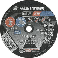 WALTER Surface Technologies - 4" 24 Grit Aluminum Oxide Cutoff Wheel - 1/8" Thick, 3/8" Arbor, 19,100 Max RPM, Use with Die Grinders - Exact Tooling